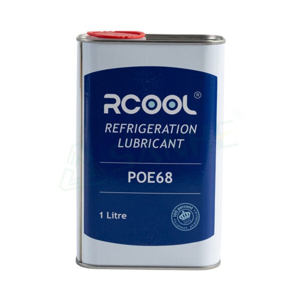 1L container of RCOOL refrigerant lubricant POE68 for HVAC systems, featuring a blue and white label with product details and a red cap.